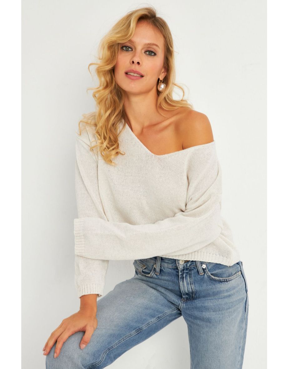 Women's Ecru Casual Short Knit Sweater