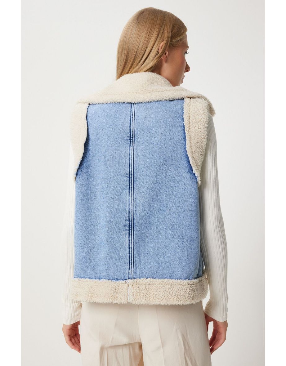 Women's Blue Cream Faux Fur Denim Vest - 7