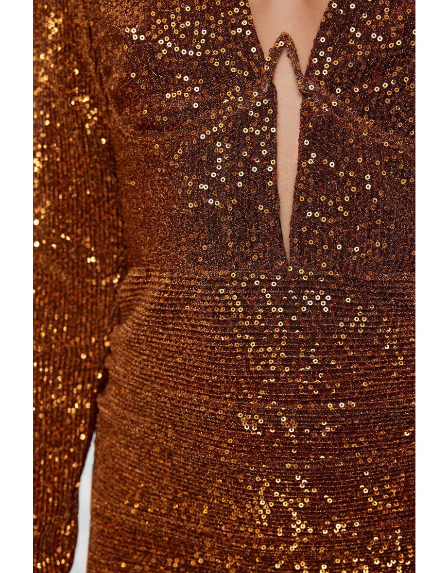 Brown Fitted Shiny Knitted Sequin Sequin Short Elegant Evening Dress - 6