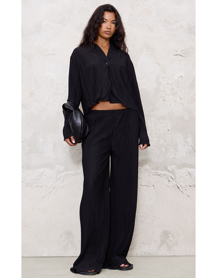Black Textured Pleated  Button Front Shirt