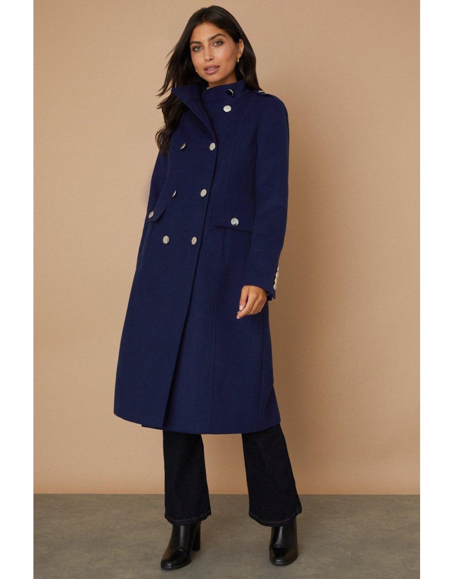 Double Breasted Funnel Longline Military Coat