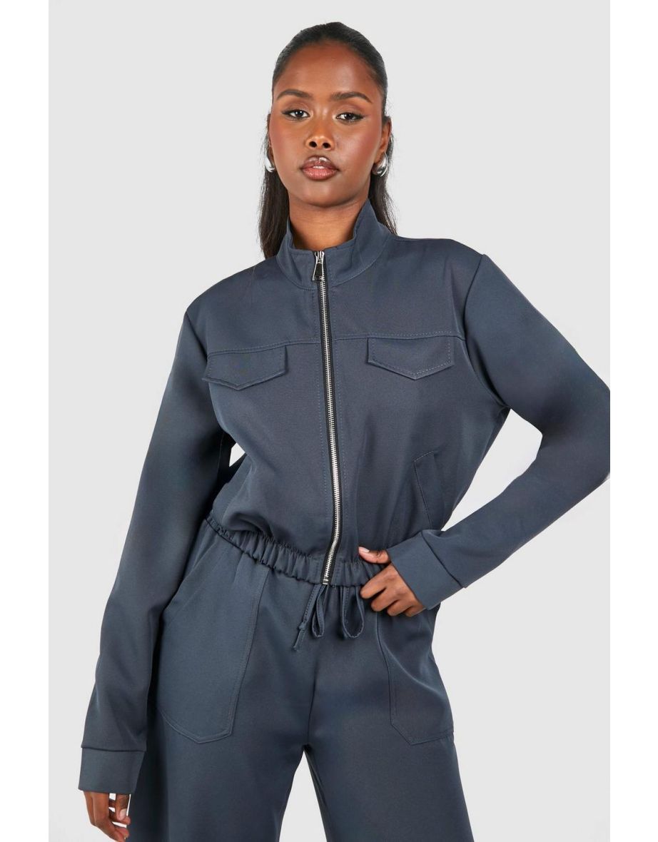 Woven Pocket Detail Relaxed Fit Bomber Jacket - charcoal