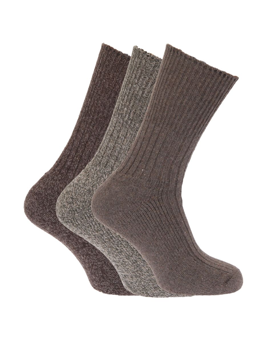 Mens Wool Blend Non Elastic Top Light Hold Socks (Pack Of 3) - Shades of Brown