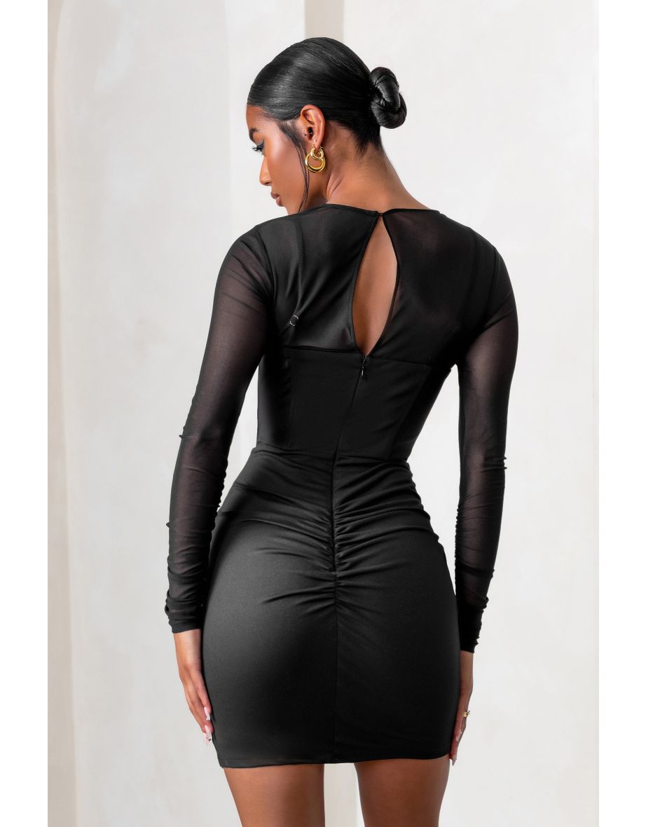 This Moment | Black High Neck Cut Out Mini Dress With Mesh Sleeves - 3