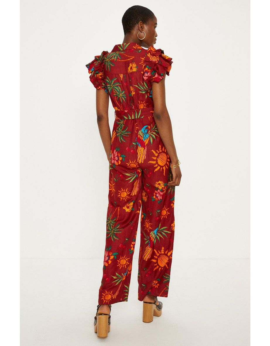 Linen Mix Parrot Print Ruffle Sleeve Jumpsuit - 2