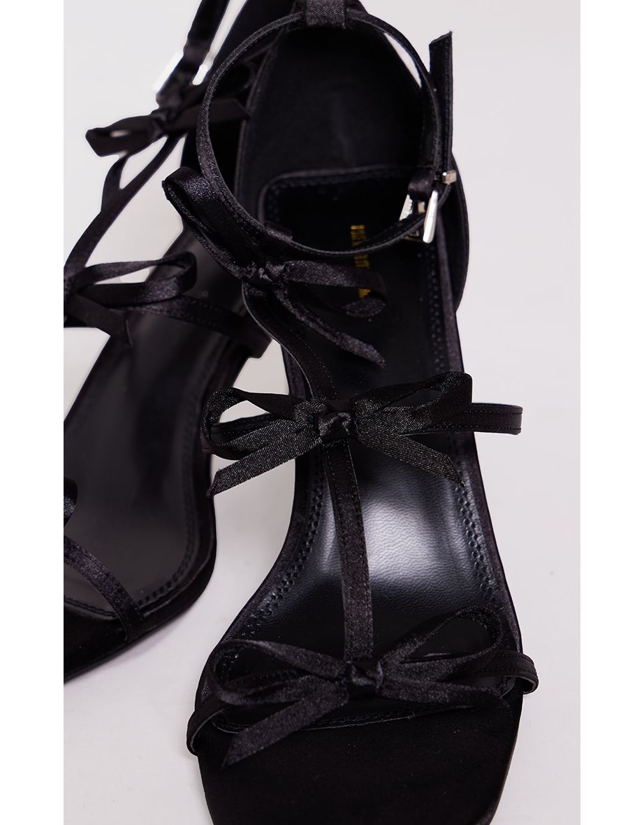 Black Satin Square Toe Multi Bow High Heeled Sandals - 3