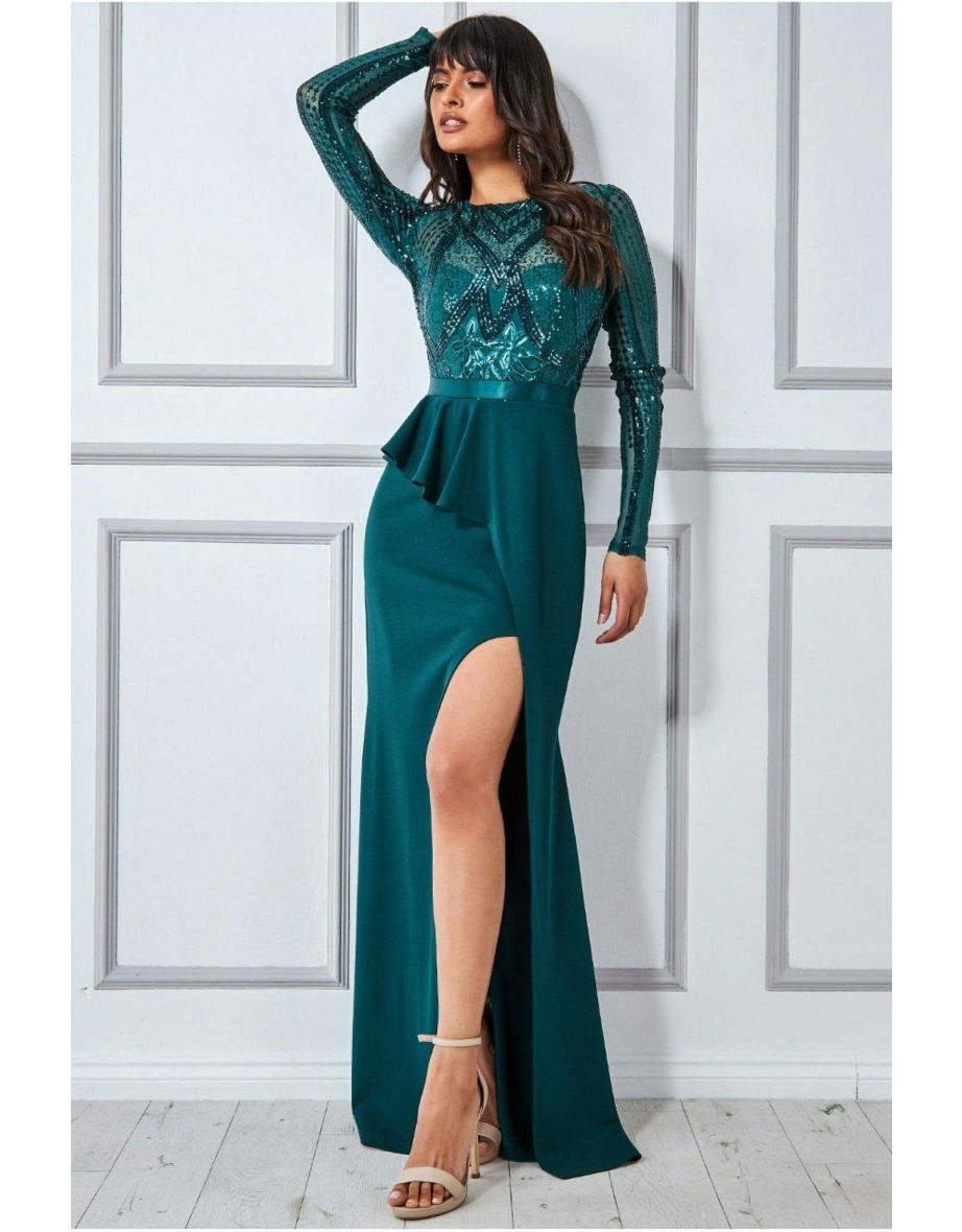 Goddiva Sequin Bodice With Front Frill Maxi - Emerald