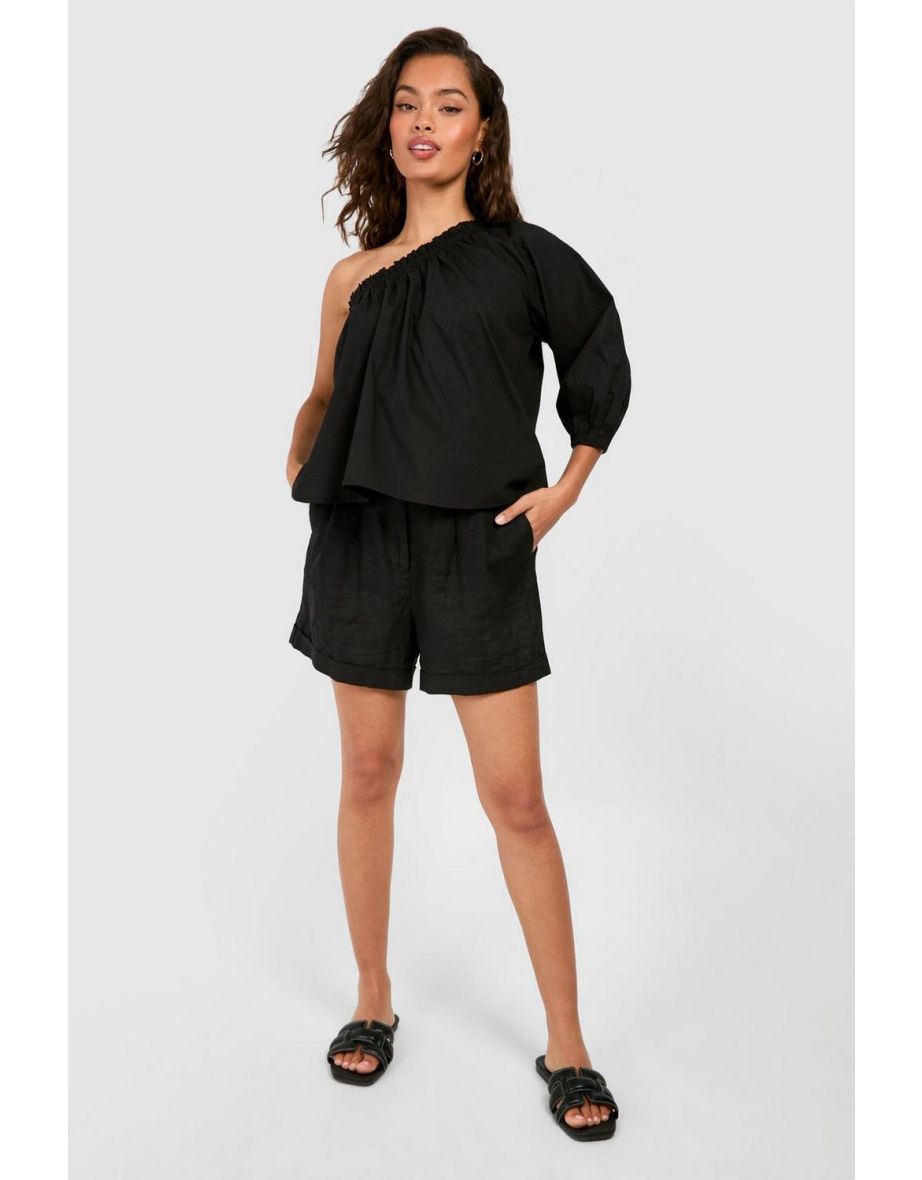 Puff Sleeve One Shoulder Cotton Poplin Top - black