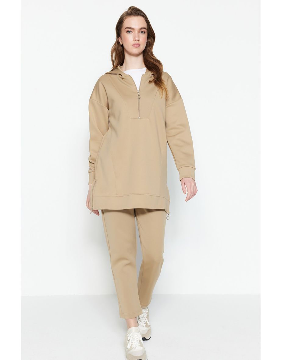 Cream Knitted Scuba Skirt Zipper Detailed Tracksuit Set