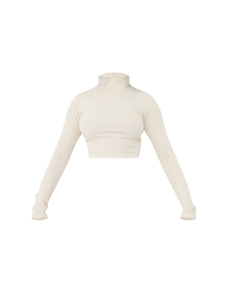 Cream Textured Ribbed High Neck Detail Crop Top - 4