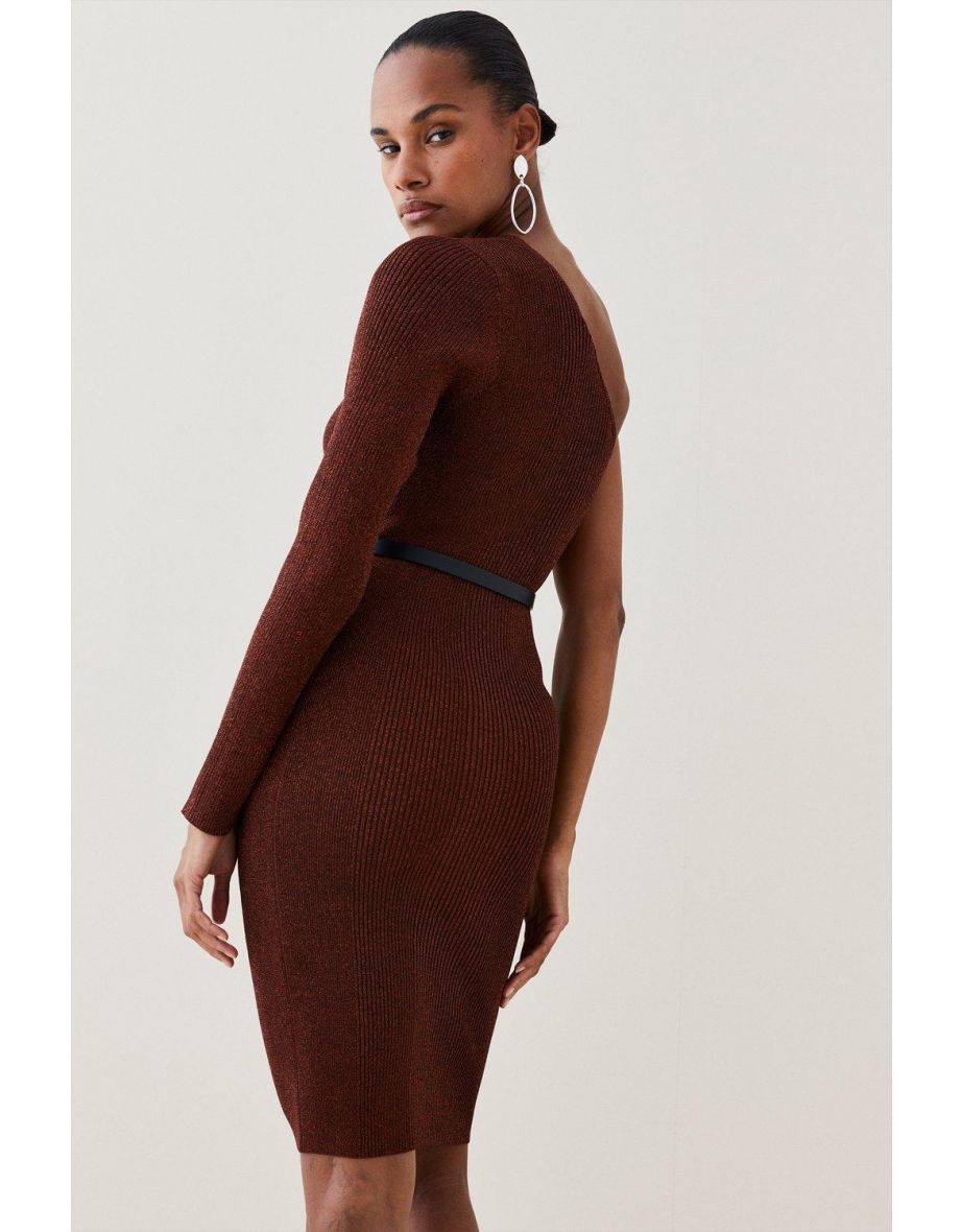 One Shoulder Rib Knit Belted Midi Dress - 2