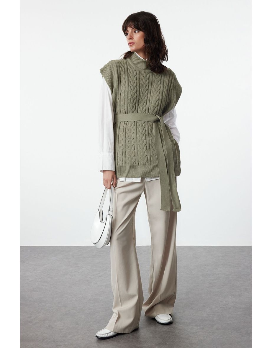 Green Wide Fit Wool Belted Knitwear Sweater