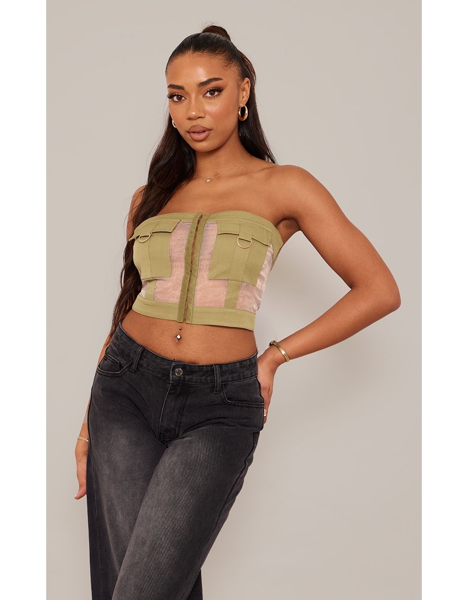 Shop Tall Dark Green Mesh Insert Detail Bandeau Top Online in Bahrain VogaCloset