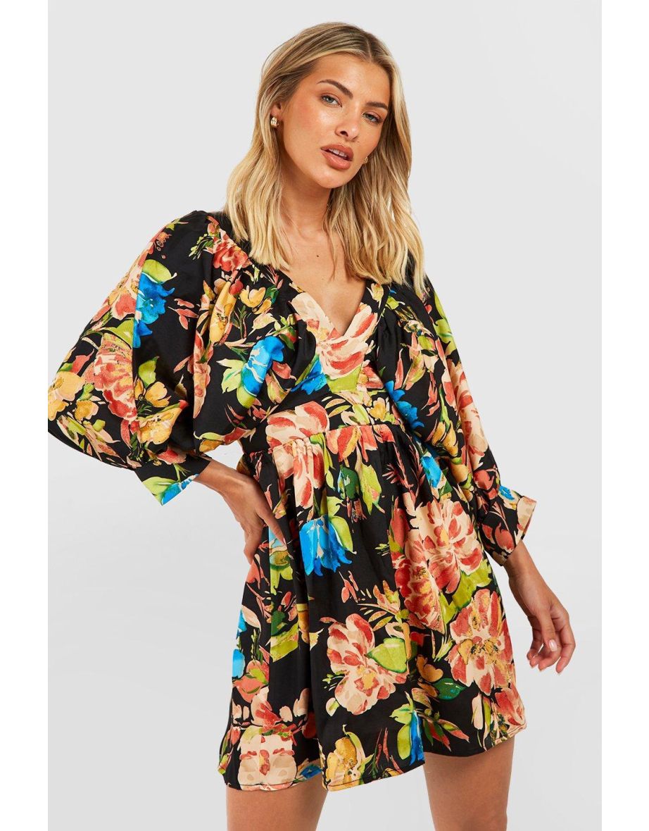 Floral Ruched A-Line Mini Dress with Long Sleeve