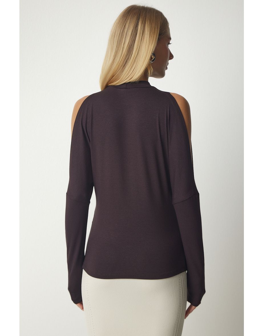 Women's Dark Brown Stand-Up Collar Open-Shoulder Knitwear Blouse - 5
