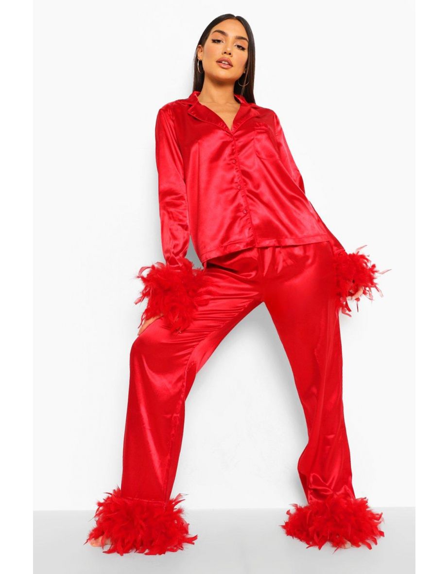 Premium Feather Trim Pyjamas - red