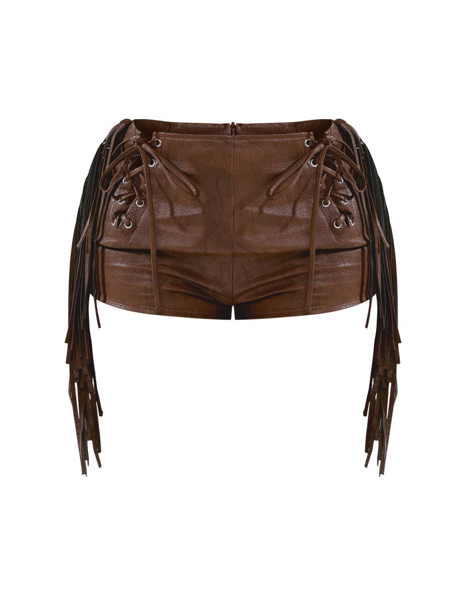 Shape Brown Pu Leather Fringe Hot Pants - 4