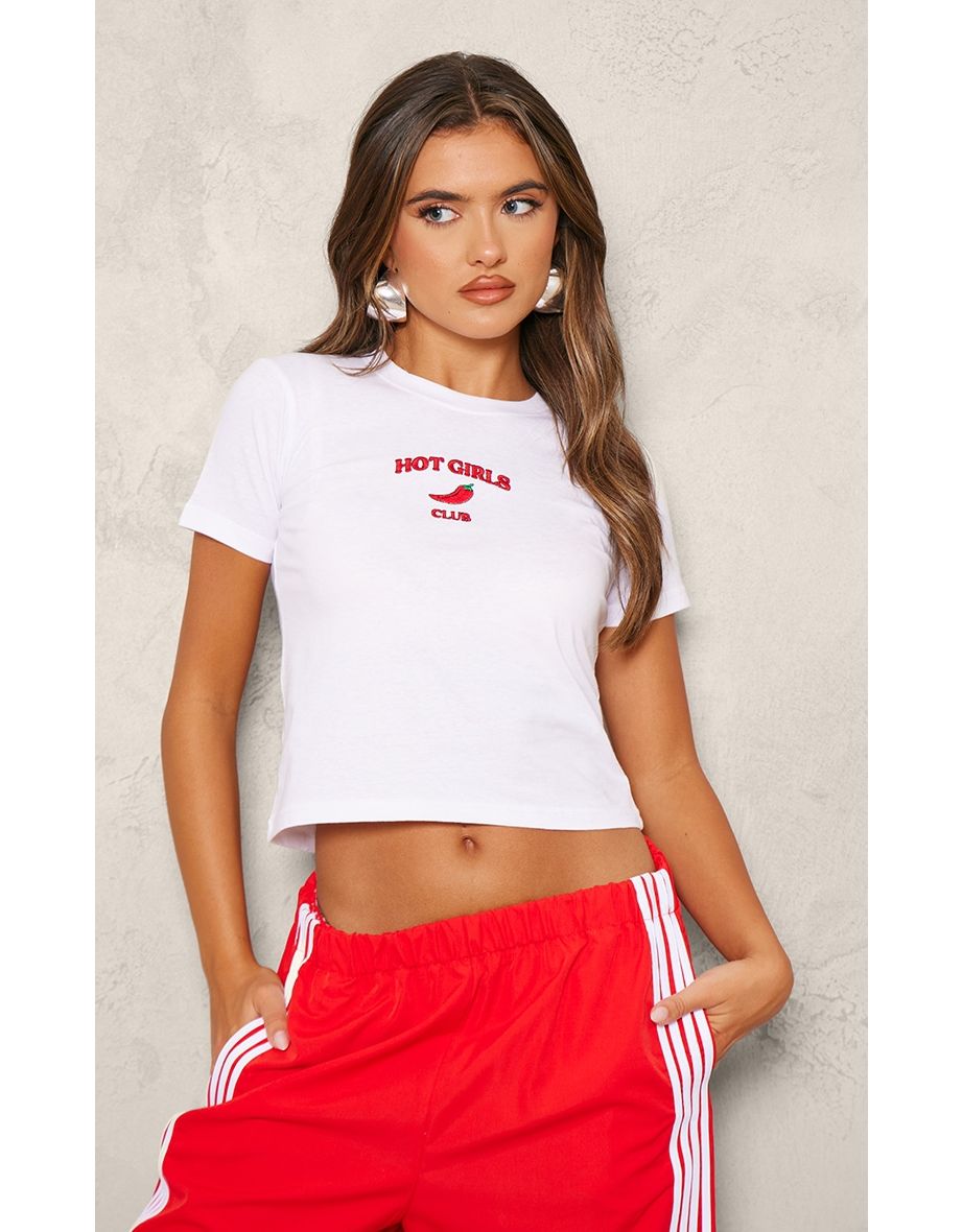White Hot Girl Chilli Embroidered Fitted T Shirt