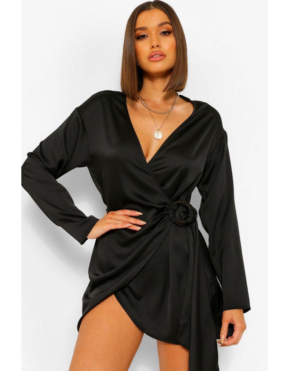 Satin Wrap Shirt Style Dress - black