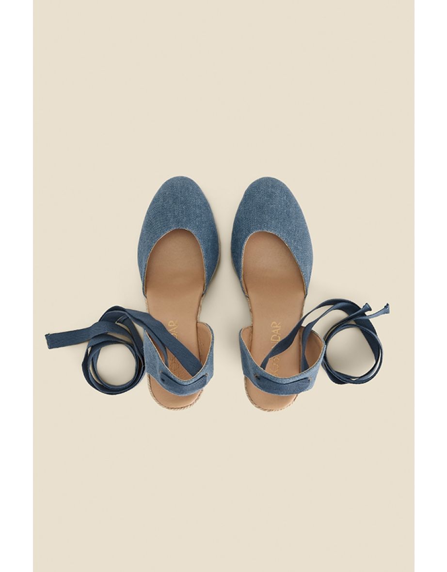 Indigo Blue Denim Ankle Tie Wedge Espadrilles - 4