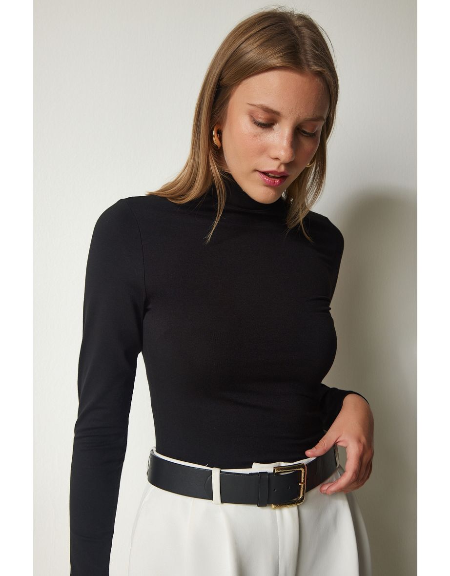 Women's Black High Neck Wrap Elastic Knitted Blouse