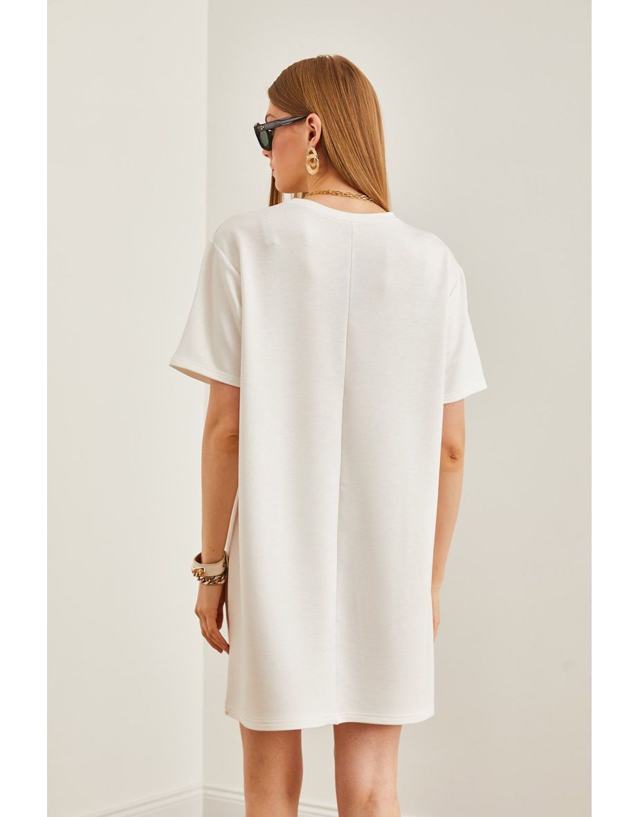 Women's Ecru Front Stitched Soft Textured Mini Dress - 5