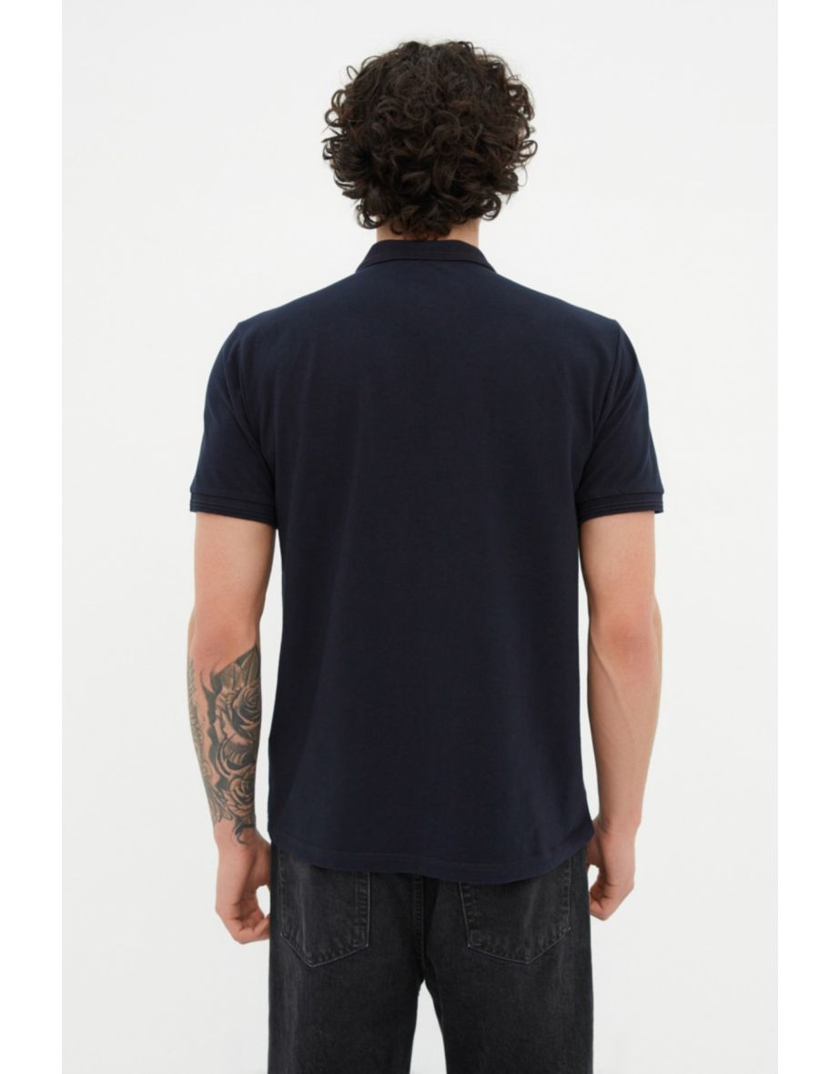 Navy Blue Men's Basic Slim Short Sleeved Textured Polo Neck T-shirt - 6