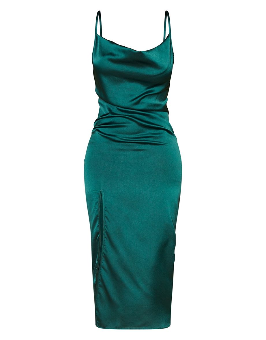 Petite Emerald Green Strappy Satin Cowl Midi Dress - 5