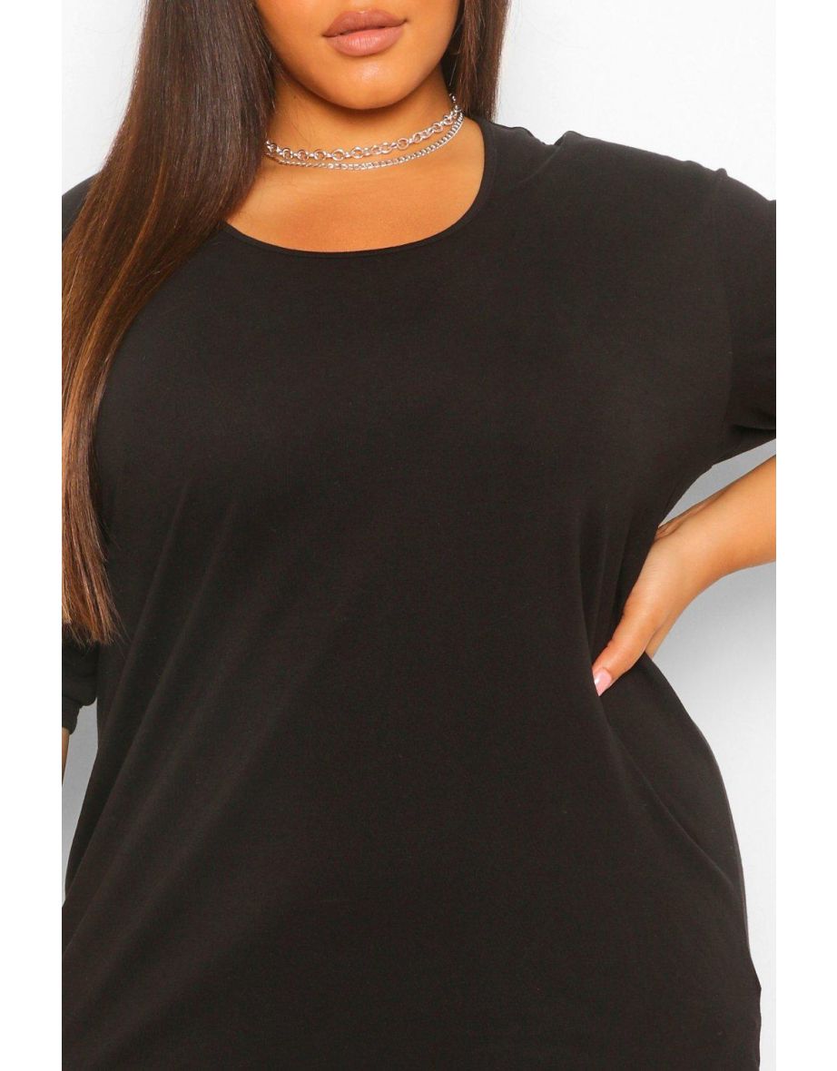 Plus Basic Oversize Dip Hem 3/4 Sleeve T-Shirt - black - 3