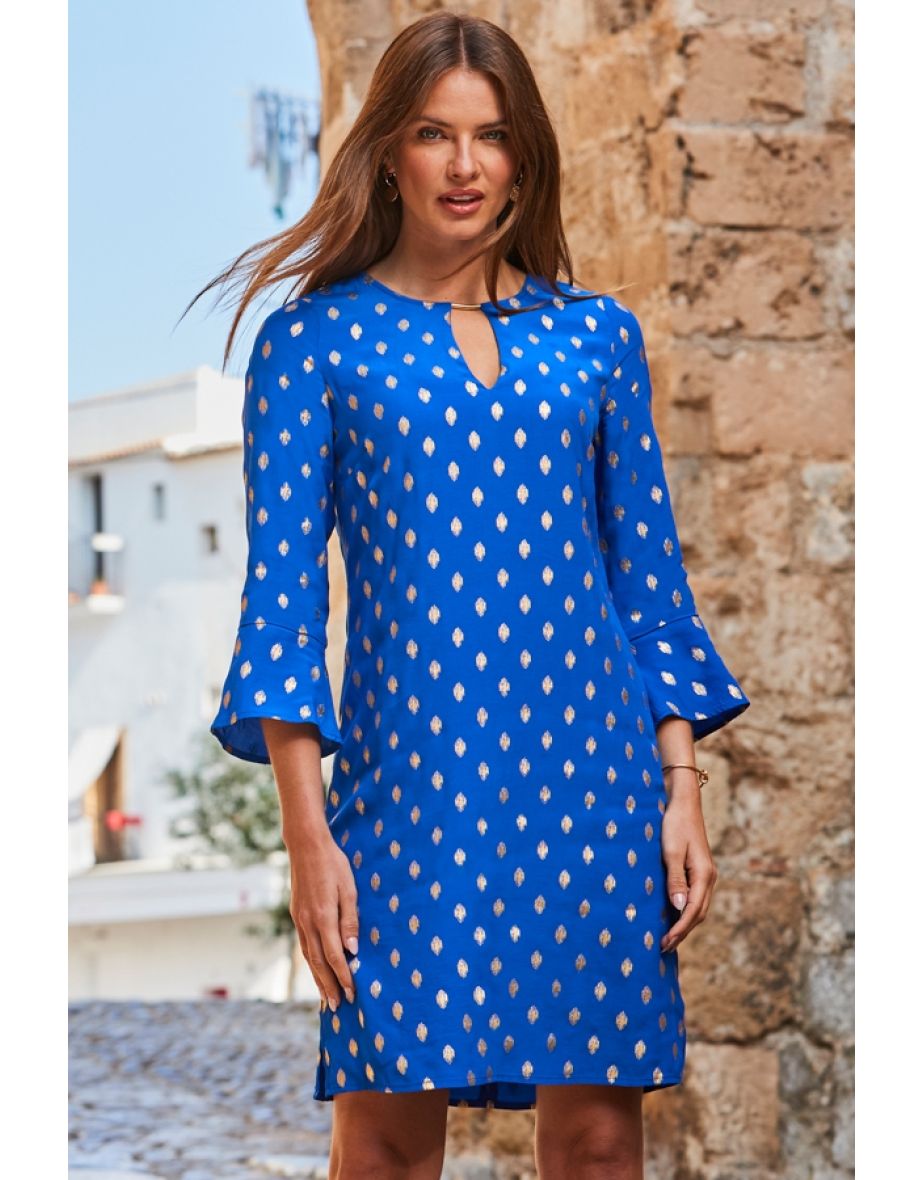 Shop Bright Blue Metallic Spot Keyhole Detail Shift Dress Online in Bahrain VogaCloset