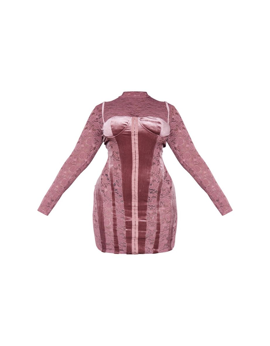 Plus Burgundy Lace Highneck Velvet Detial Mini Dress - 4
