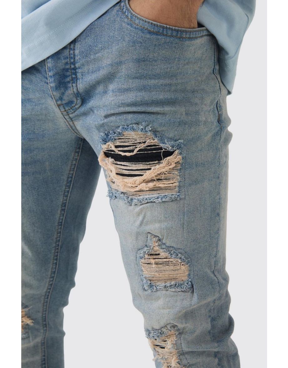 Skinny Stretch Black Pu Biker Rip & Repair Jeans - antique blue - 2