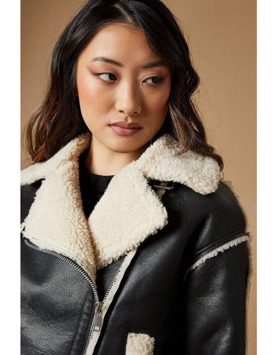 PU Borg Detail Collared Zip Jacket - 3