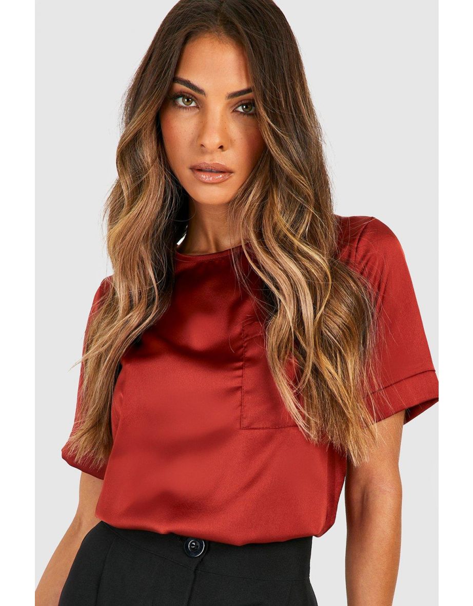 Basic Satin Pocket Detail Blouse - terracotta