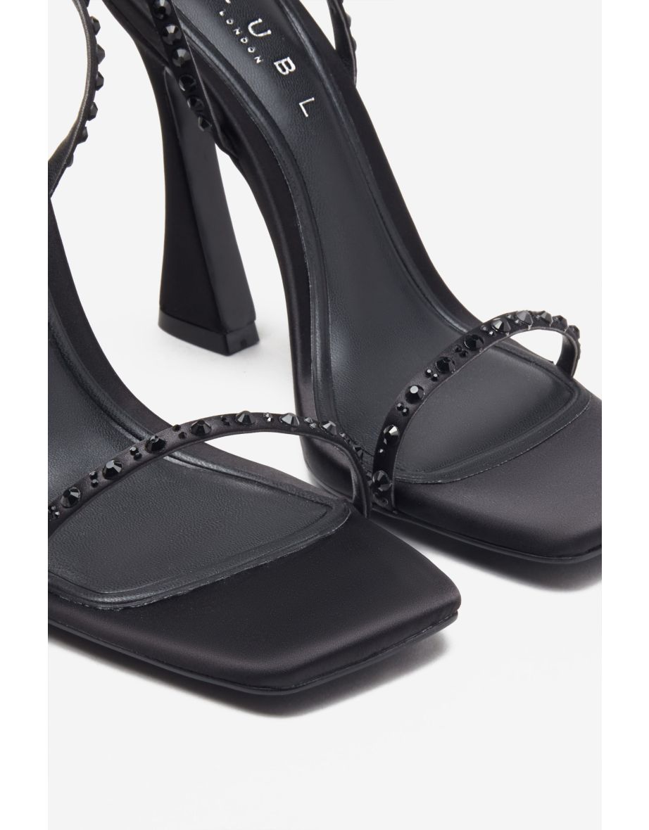 Nostalgia | Black Satin Heeled Sandals With Diamante Straps - 4
