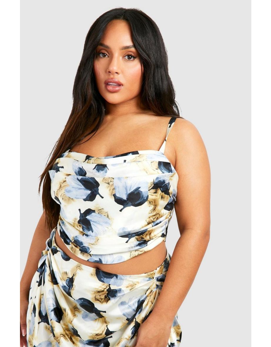 Plus Floral Satin Corset Top - blue