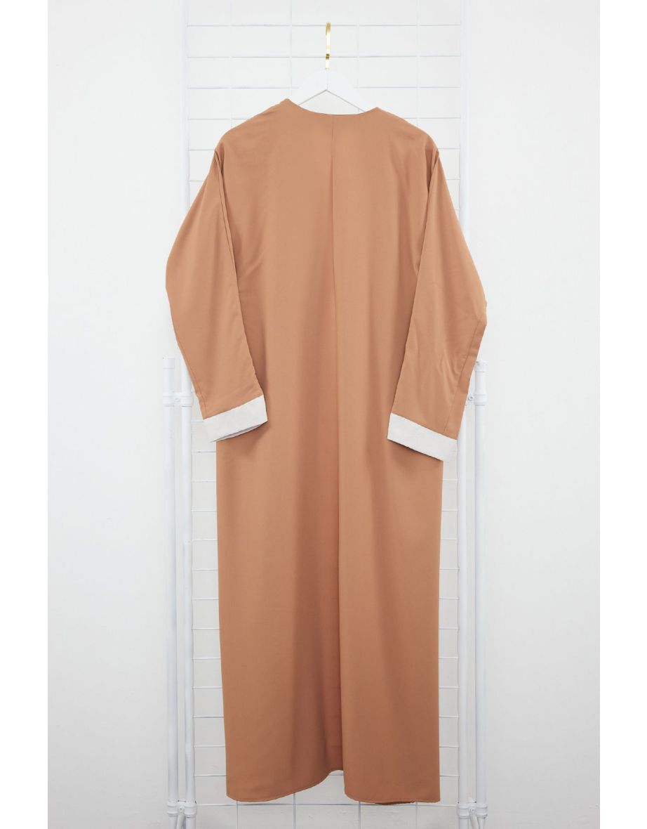 Camel Color Blocked Long Woven Cap & Abaya & Abaya - 7