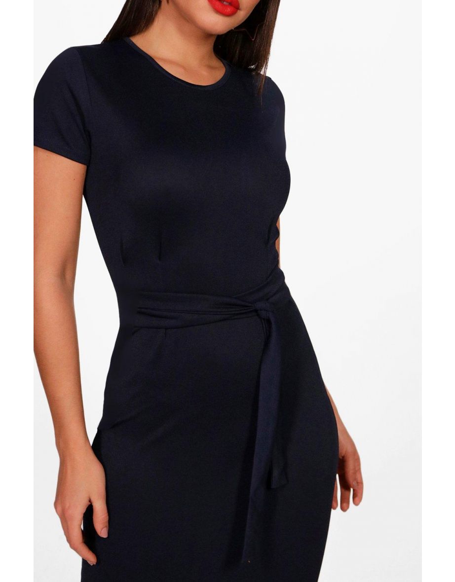 Pleat Front Belted Tailored Midi Dress - navy - 3