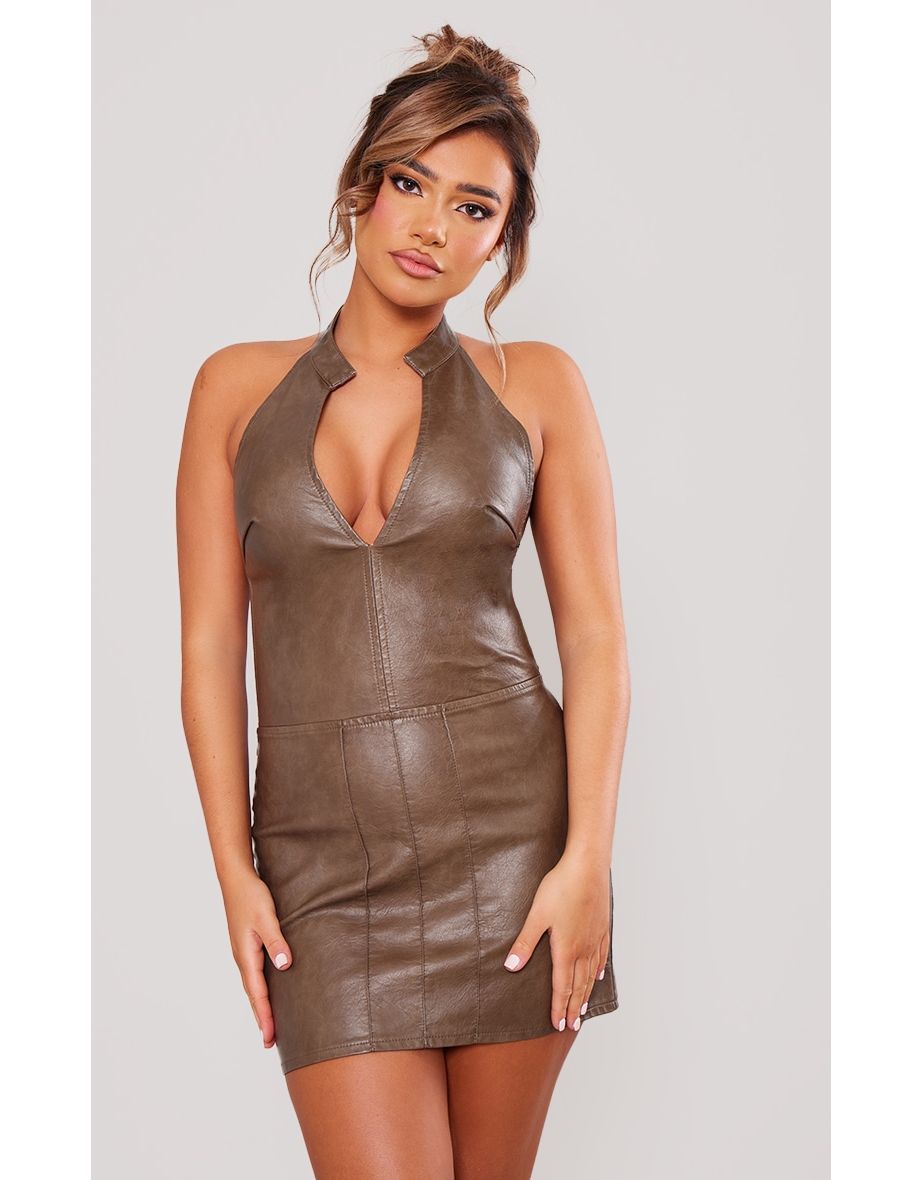 Brown Faux Leather Halterneck Low Back Bodycon Dress