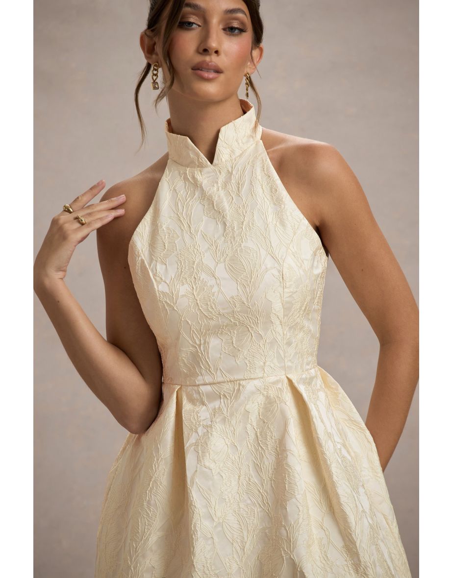 Costa | Ecru Jacquard High-Neck Mini Dress With Pleated Skirt - 6