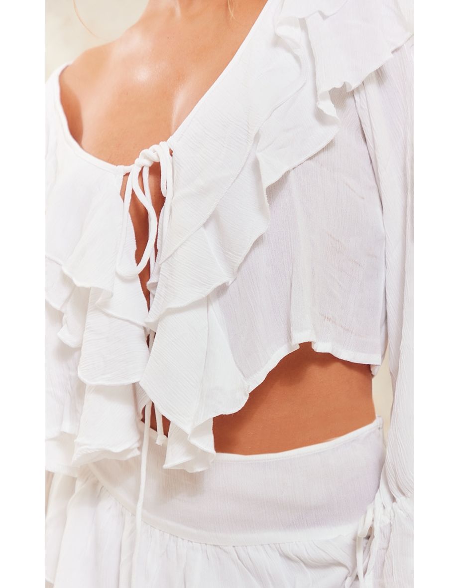 White Cheesecloth Ruffle Trim Floaty Blouse - 3