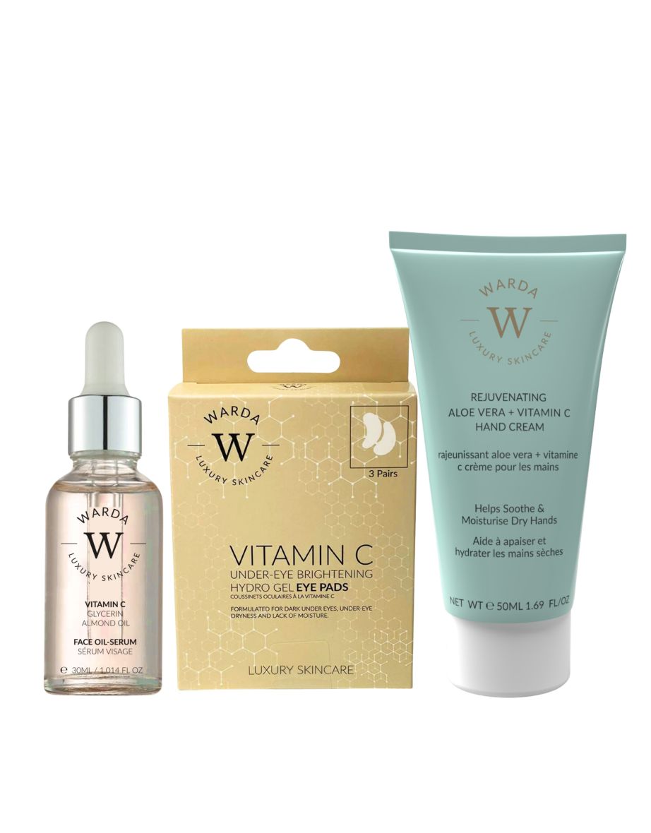 Univeral gift Set : VITAMIN C GLOW BOOST OIL-SERUM 30ml + Warda - VITAMIN C UNDER-EYE BRIGHTENING HYDRO GEL x 3 + Rejuvenating Aloe Vera+ Vitamin C Hand Cream 50ml