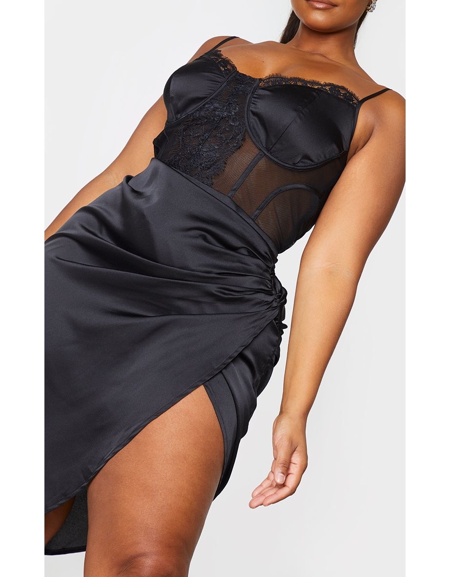 Plus Black Lace Insert Cup Detail Ruched Side Midi Dress - 3