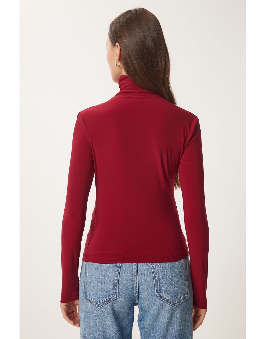 Women's Burgundy Gathered Detailed High Neck Sandy Blouse - 6