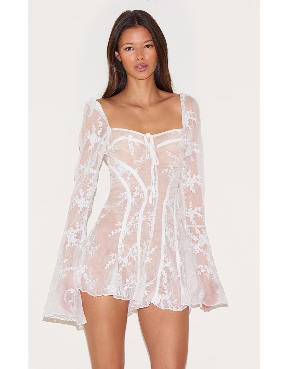White Lace Flared Sleeve Binding Detail Playsuit