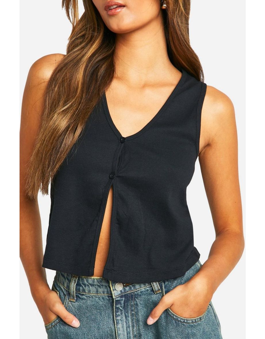 Sleeveless V Neck Waistcoat Top - black - 3
