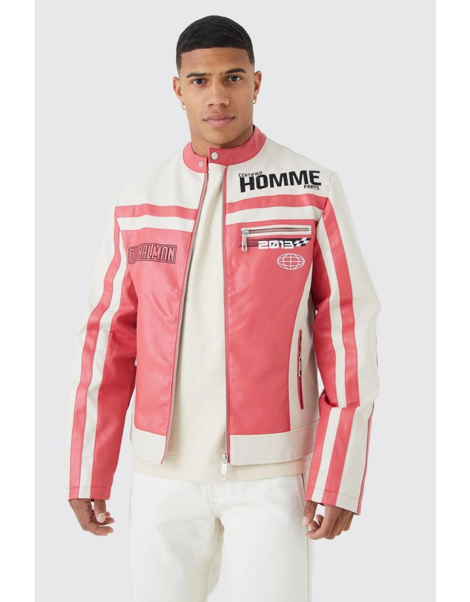 Pu Panelled Moto Biker Jacket With Badges - red
