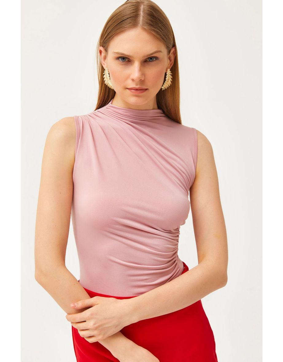 Women's Powder Stand Collar Gather Detailed Crop Blouse