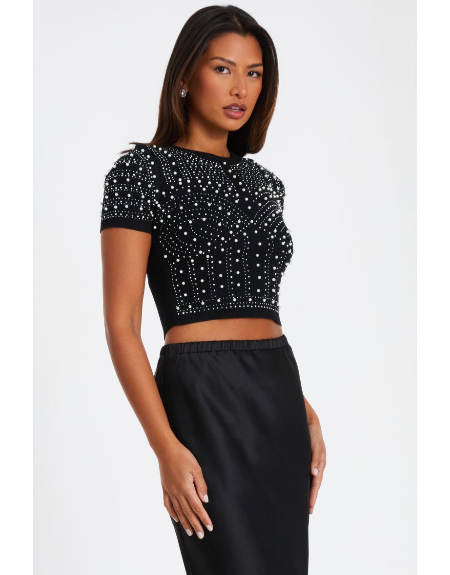 Black Knit Embellished Crop Top