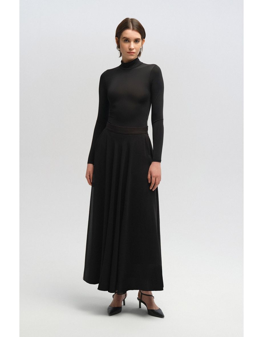 Black Pleated A-Line Maxi Skirt